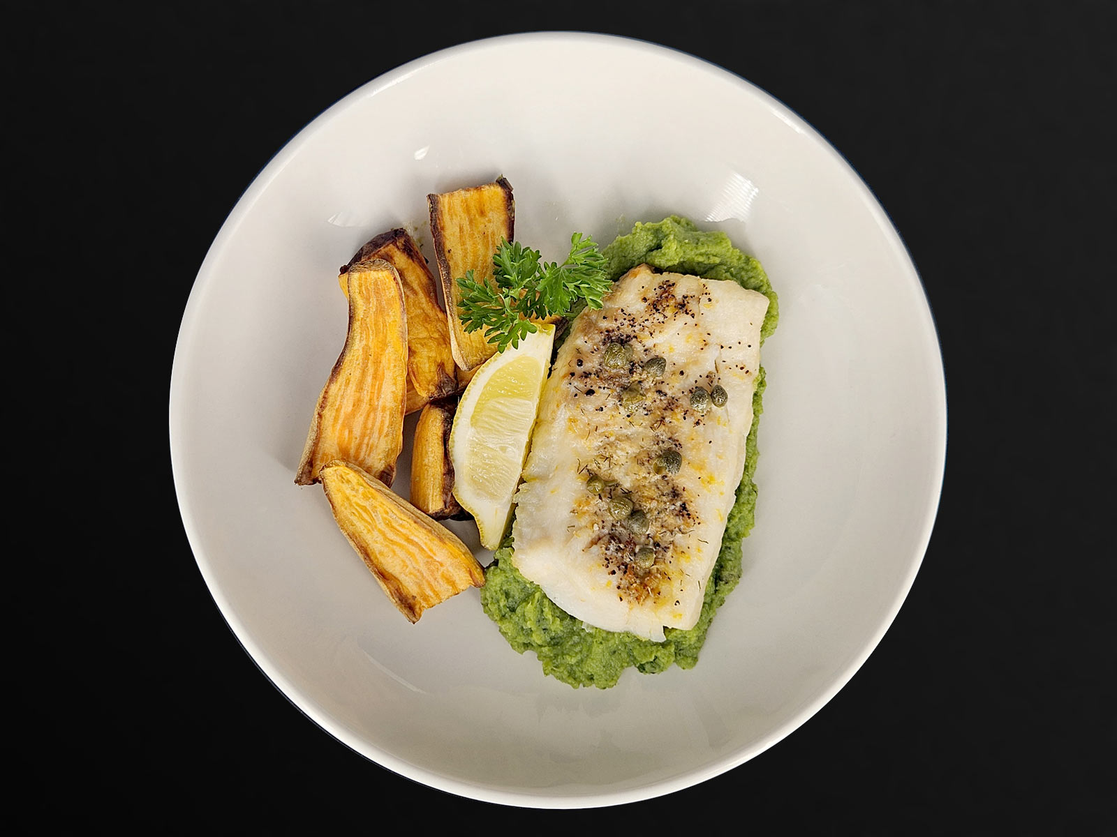 Parmesan Haddock with Sweet Potato Wedges and Broccoli, Pea and Leek Mash