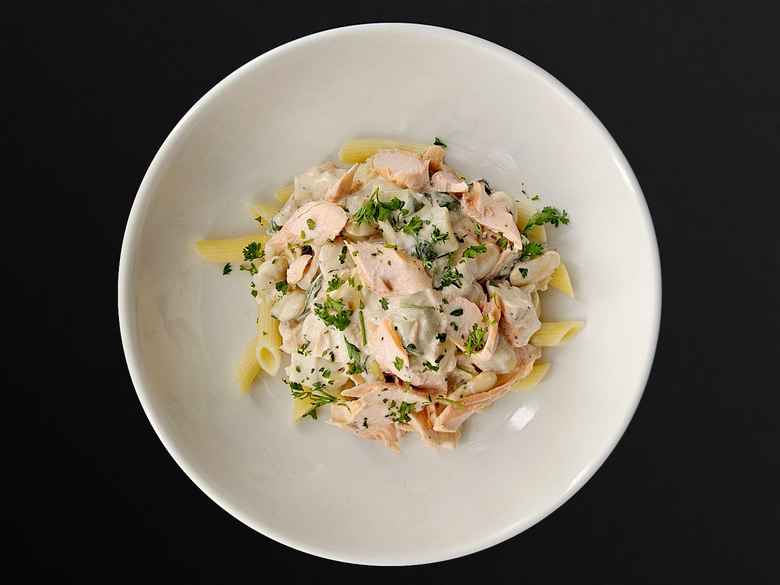 Salmon Pasta with Creamy Leeks and Butter Beans