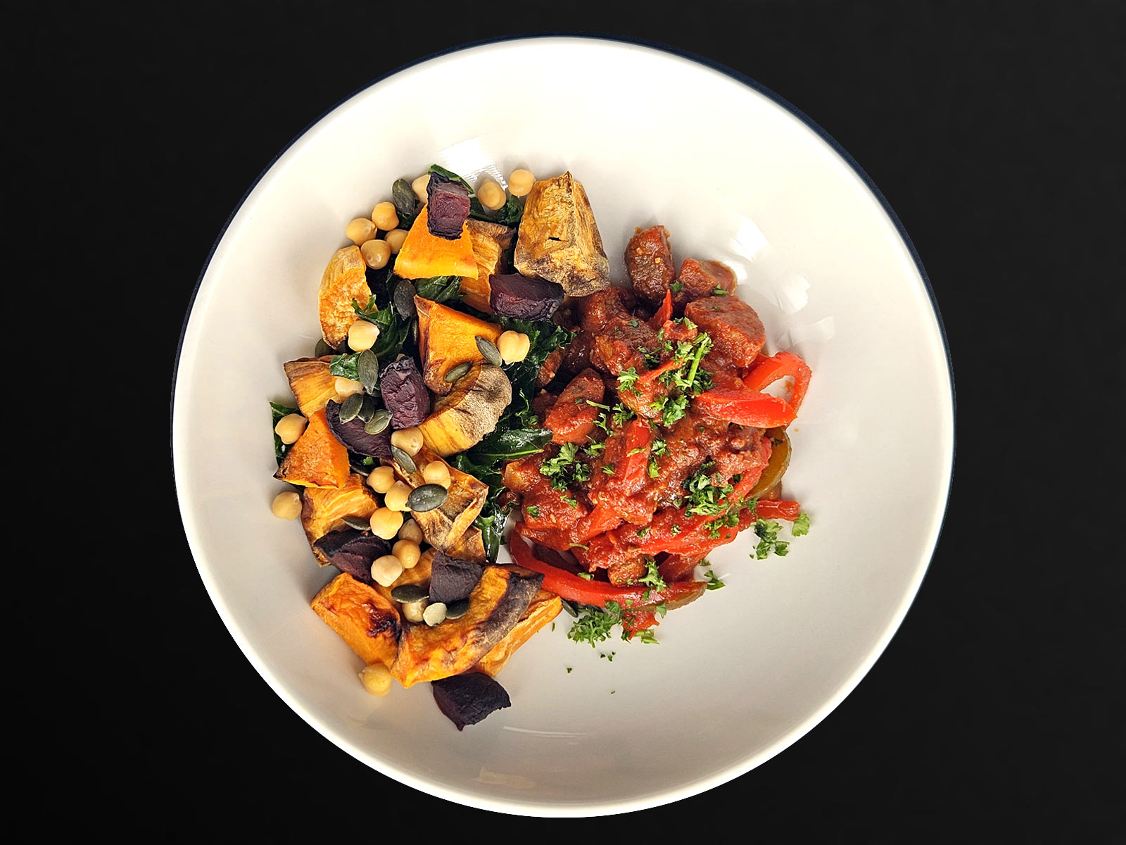 Smokey Beef and Chorizo Goulash with Kale & Beet Warm Salad