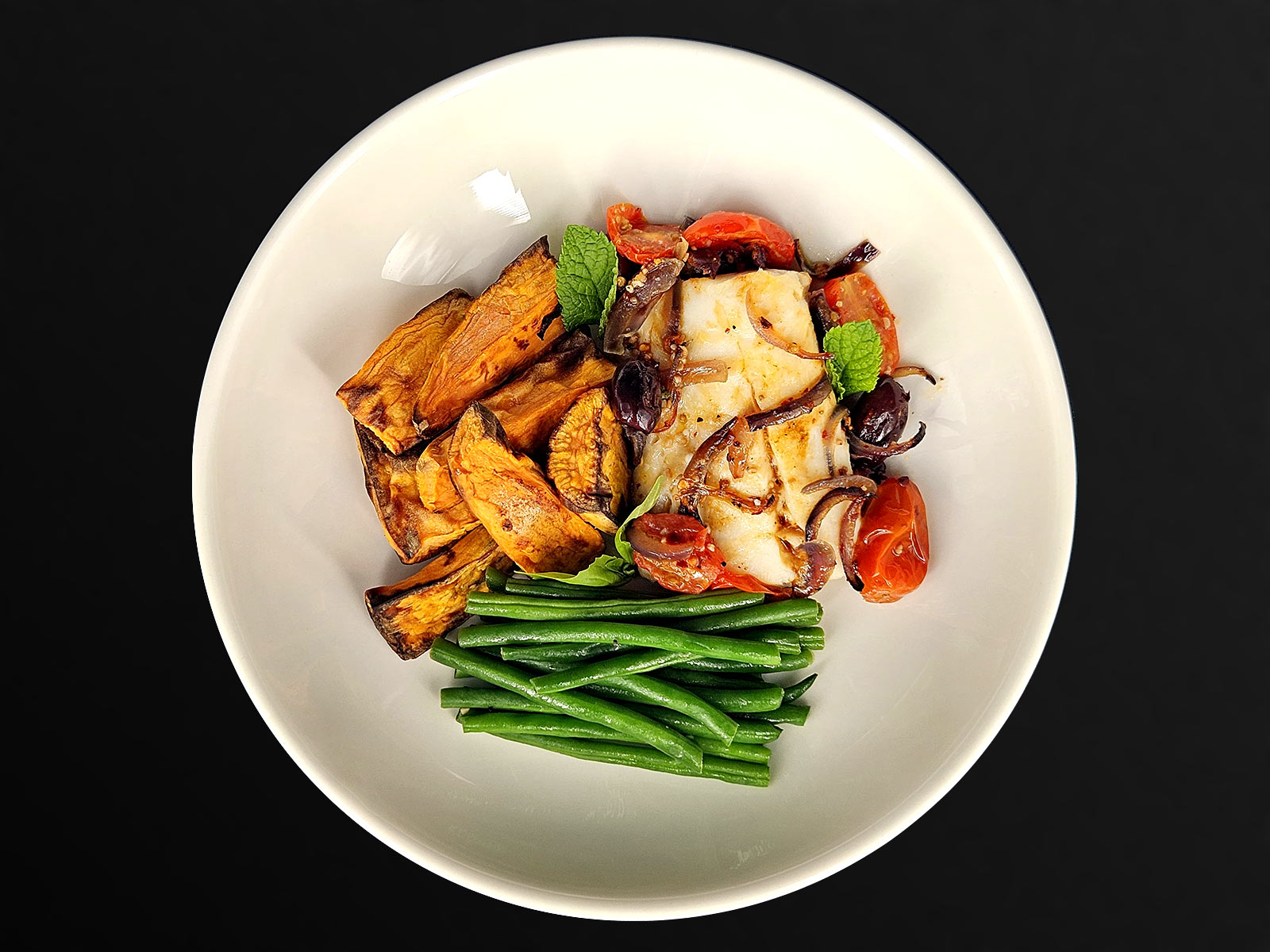 Sicilian One Pan Baked Cod with Sweet Potato Wedges