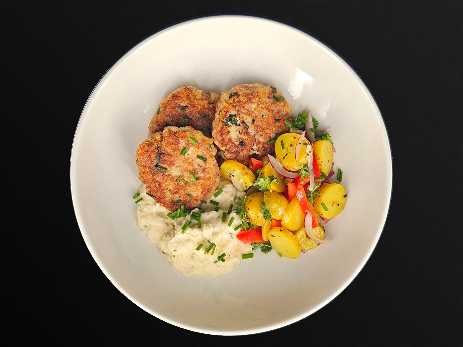 Cheesy Garlic Turkey Fritters, with Cauliflower Puree & New Potato Salad