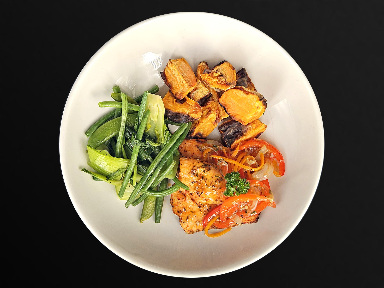 Mango Salmon with Sweet Potatoes & Asian Greens