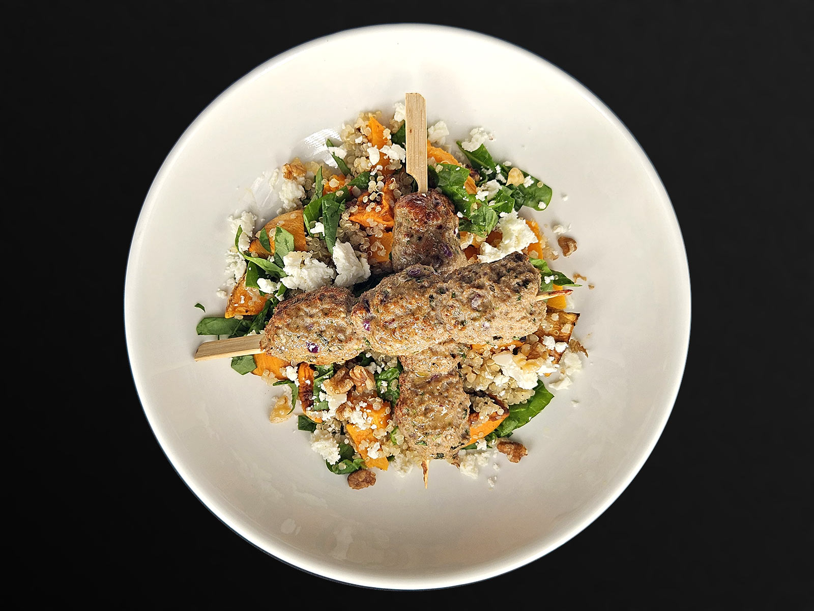 Turkey Kofta Kebabs, Sweet Potato Salad & Tahini Garlic Sauce