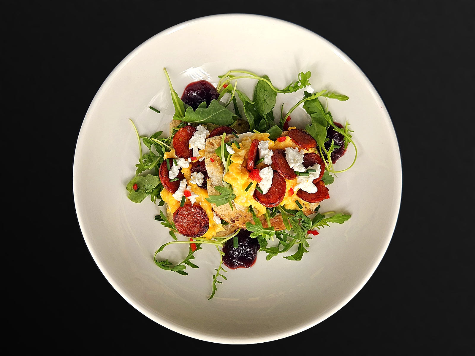 Chorizo, Egg & Goats Cheese Toasts