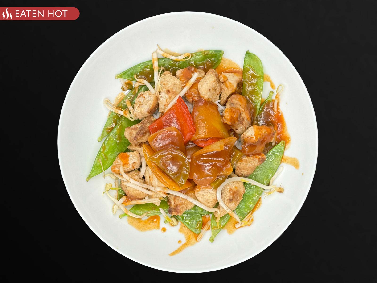 Sweet & Sour Chicken, Basmati Rice, & Stir Fried Mangetout, Peppers & Beansprouts
