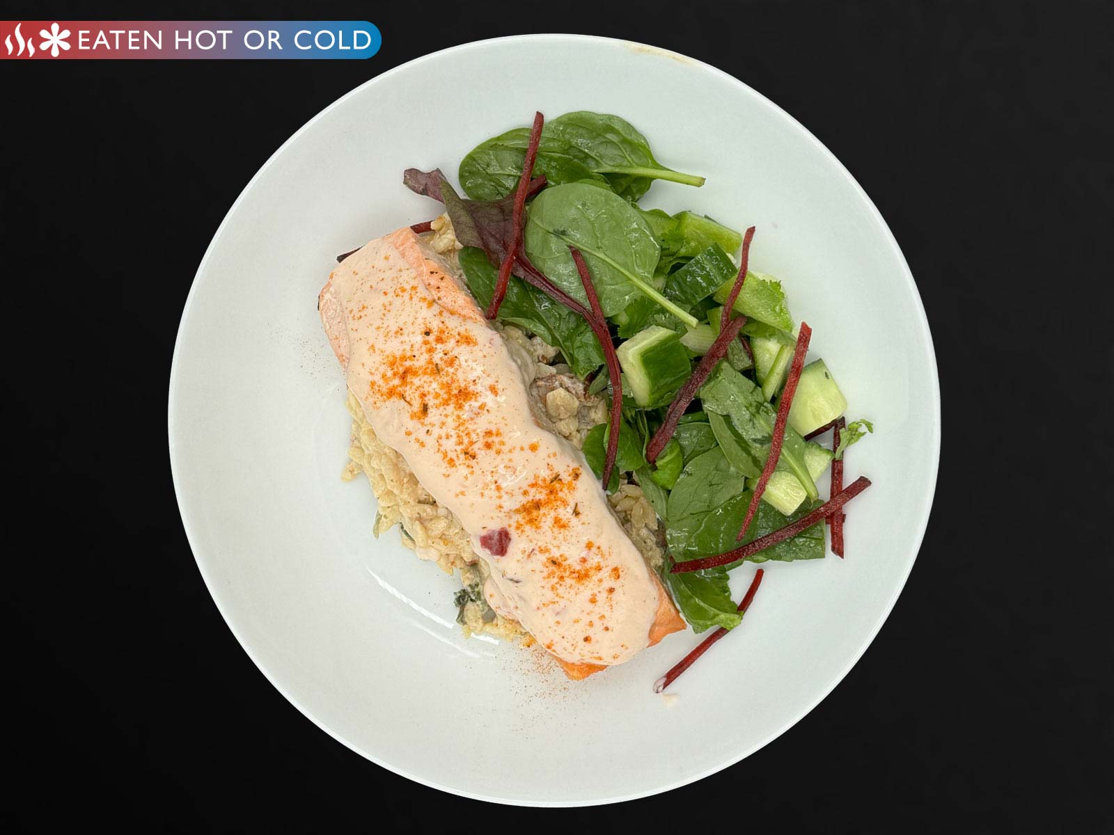 Tuscan Salmon, Creamed Sundried Tomato & Cremefraiche Orzo Pasta & Green Salad