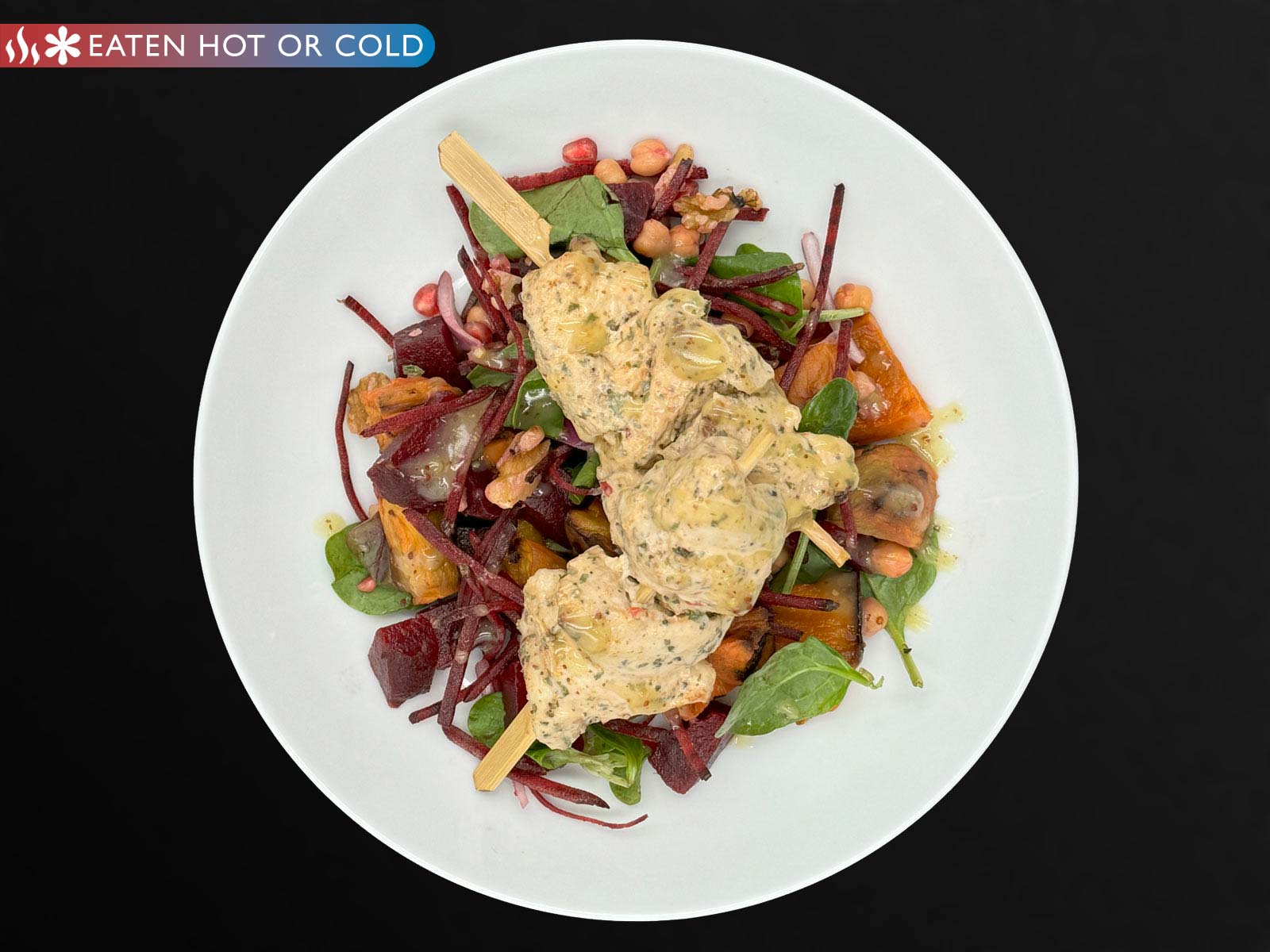 Mediterranean Chicken Skewers, Sweet Potatoes, Chickpea Salad & Lemon Dressing
