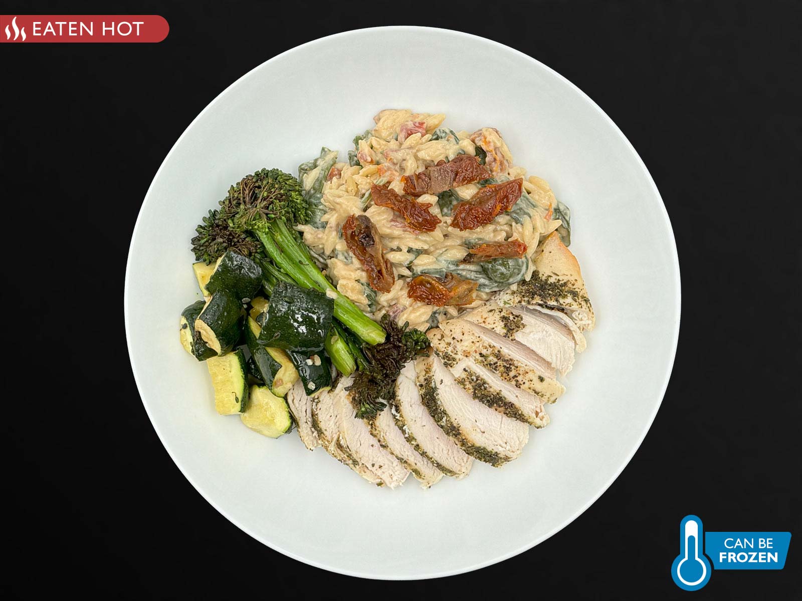 Italian Spiced Chicken Breast, Orzo Pasta, Roasted Zucchini, Tomatoes & Feta Cheese