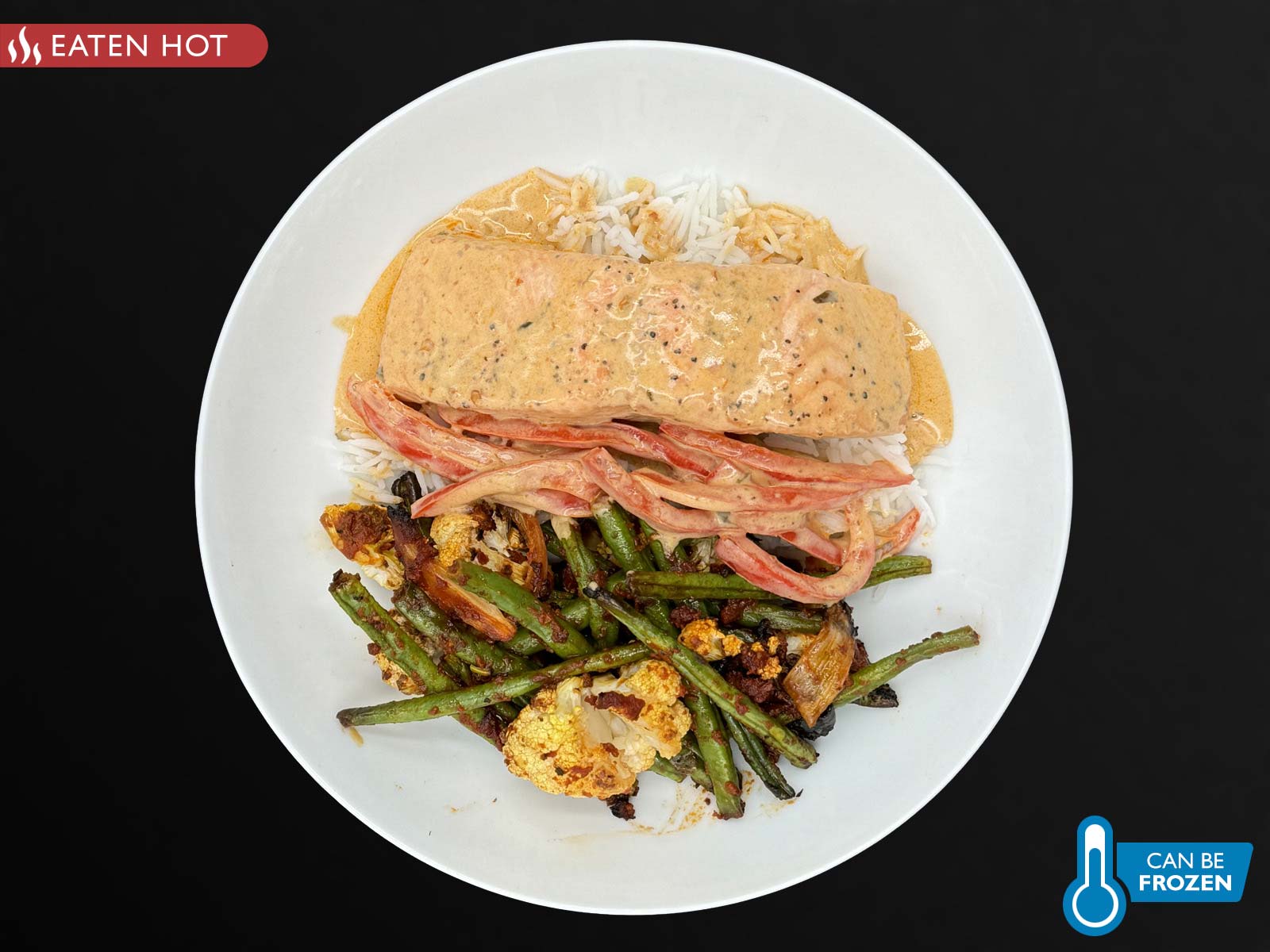 Salmon and Coconut Curry with Indian Roasted Vegetables & Basmati Rice