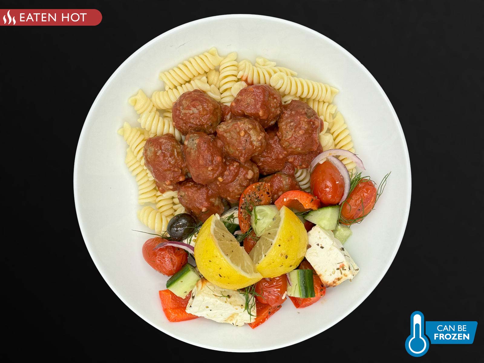 Beef Meatballs, Tomato Based Sauce, Fusilli Pasta & Roasted Greek Salad