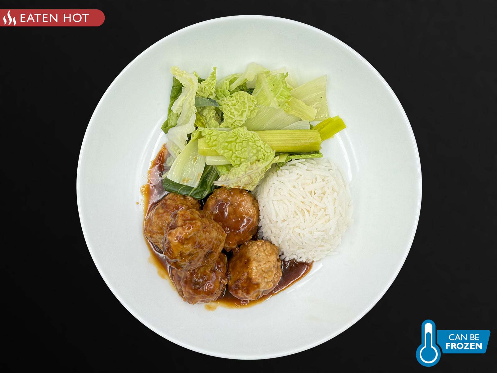 Asian Chicken Meatballs, Basmati Rice, Pak Choi, Cabbage & Leek StirFry